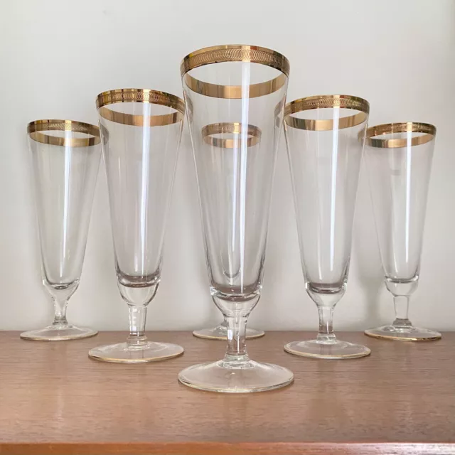 SET 6X Vintage BOHEMIA Crystal GILT Gold RIM Champagne FLUTES Glasses STEMWARE