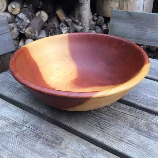 Large Vintage Hand Turned 2 Tone Wooden Serving Fruit Bowl 13” Diameter