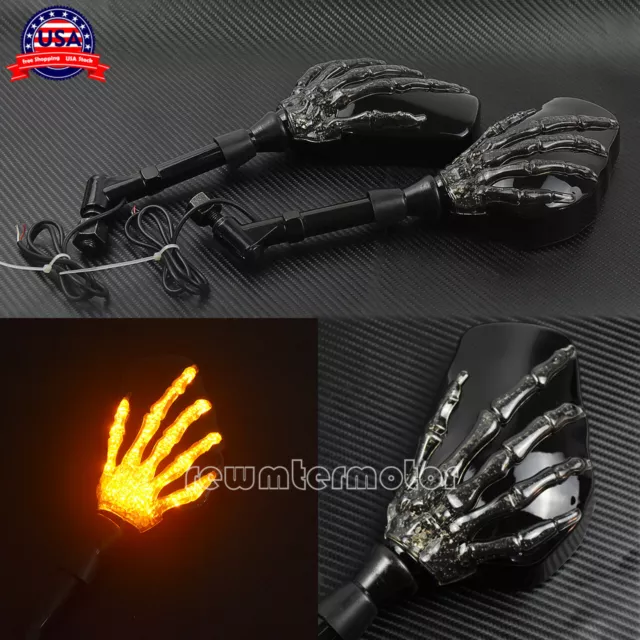 Motorcycle 8mm 10mm Skull Hand Side Rearview Mirrors Turn Signal Fit For Harley