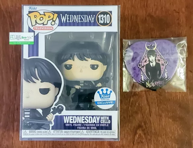 Funko Pop! Television Wednesday With Cello #1310 + Protector + 3" Wednesday Pin 2