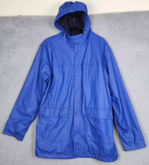 LANDS END Rain Coat Womens Medium Blue Snap Pockets Hooded Lined Jacket