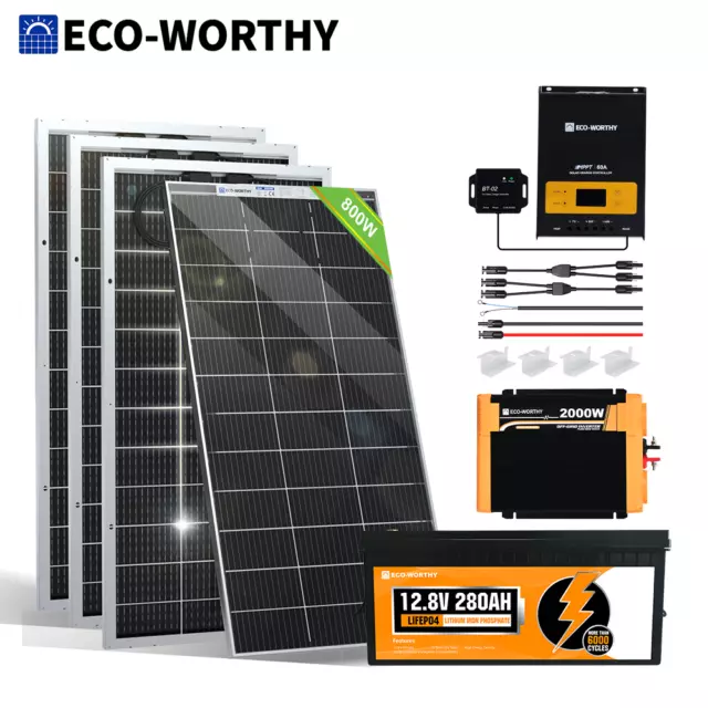 ECO-WORTHY 200W 400W 800W Watt 12V Solar Panel Kit LiFePO4 Battery Home Off Grid