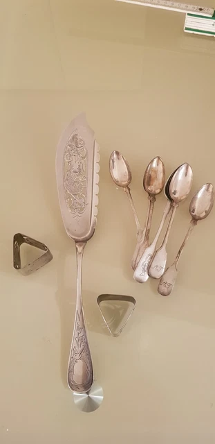 Fischheber antik 84 Zolotniki, Serviettenringe 84 ,Löffel 750 Silber