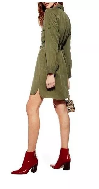 Topshop Women's Long Roll Tab Sleeve Utility Dress in Green Size 6 MSRP $75 3