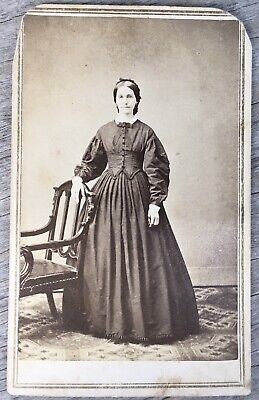 1860’s Lady Stands By Chair Civil War Era VTG CDV Photo Stamp
