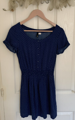 HM Ladies Navy & White Spotted Button Front Dress With Elasticated Waist S8 L28