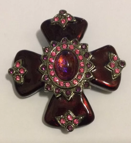 vintage Maltese Cross signed Carolee brooch. Enamel, Cabochon, Rhinestones.