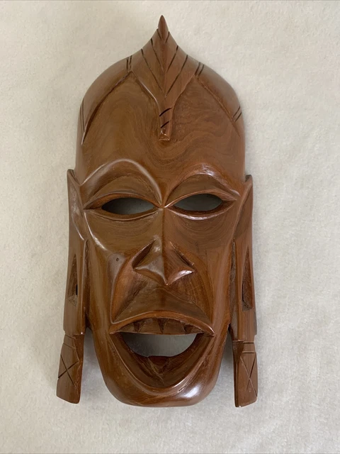 Maschera viso in legno intagliato con gancio per appendere a parete, lunga circa 13