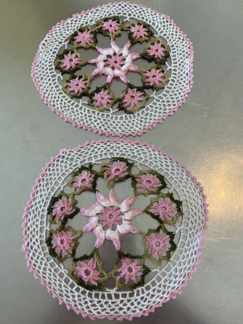 VNTG Hand Crocheted Dainty Doily Floral Pink White Green 8 Inches
