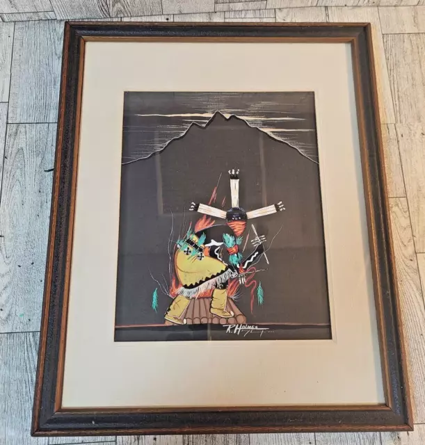 Apache Framed Painting Signed R. Holmes 1970s Southwest 15"x12" Native American