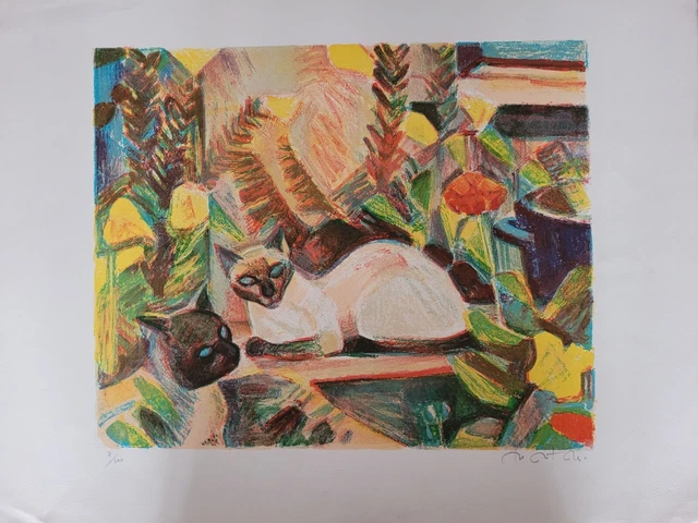 Lithographie couleur signée et numérotée 7/100 signature à identifier décor chat