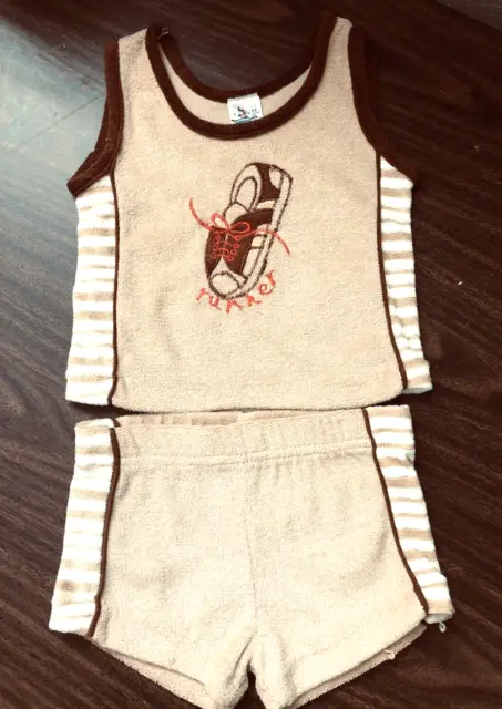 VINTAGE 80s Beige Terry Cloth Tank Top Short Set "RUNNER" Sporty ~ Size 12 mo