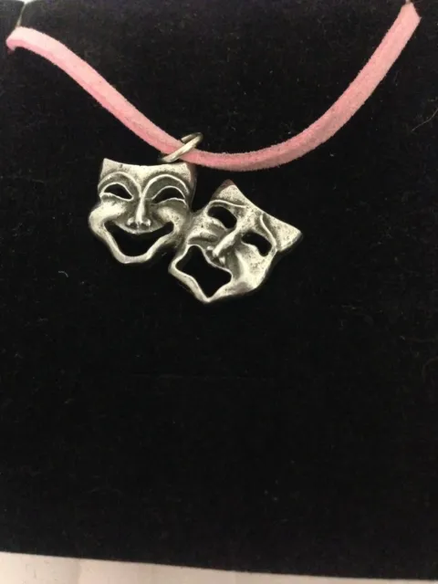 Comedy & Tragedy R139 English Pewter Emblem on a Pink Cord Necklace Handmade
