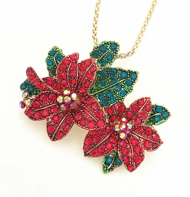 Women's Red Blue Crystal Enamel Flower Pendant Betsey Johnson Necklace/Brooch