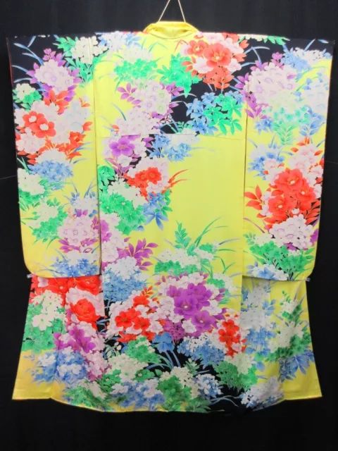 8107A3 Silk Japanese Kimono Furisode Peony Bellflower