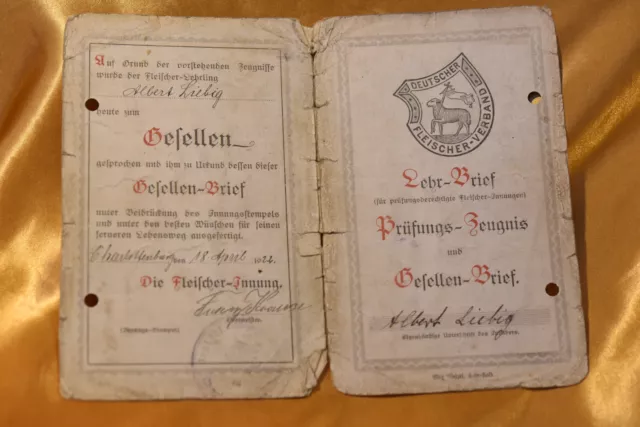 Lehr- & Gesellen-Brief 20er Jahre | Deutscher Fleischer Verband | Berlin 1922