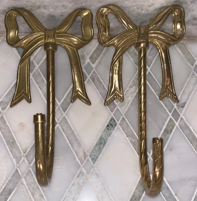 Vintage PAIR 80s Brass Bows W/ Cutouts Hooks Curtain Tie Backs 7.5”T 4”W Hangers