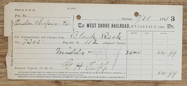 1898 Freight Bill New York City West Shore Railroad Black Rock