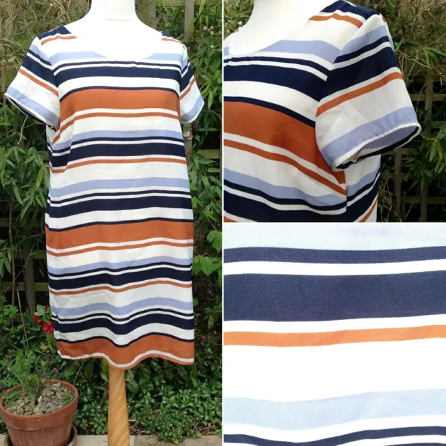 Tan, Ecru , Navy & Blue Colourblock Striped Summer Short~Sleeve Shift Dress UK16