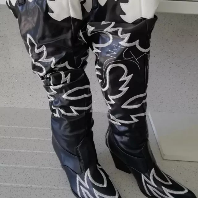 Faux Leather Knee High Black & White Rodeo Cowboy Boots Size 4 BNWT