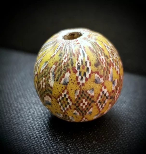 ANCIENT VIKING MOSAIC GLASS BEAD YELLOW RED BLUE AND WHITE circa 800 - 1000 A.D.