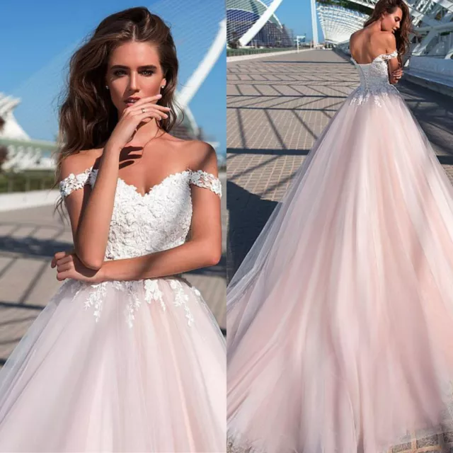 White and Pink Tulle Wedding Dress Off the Shoulder Sweetheart Appliques Bridal 2