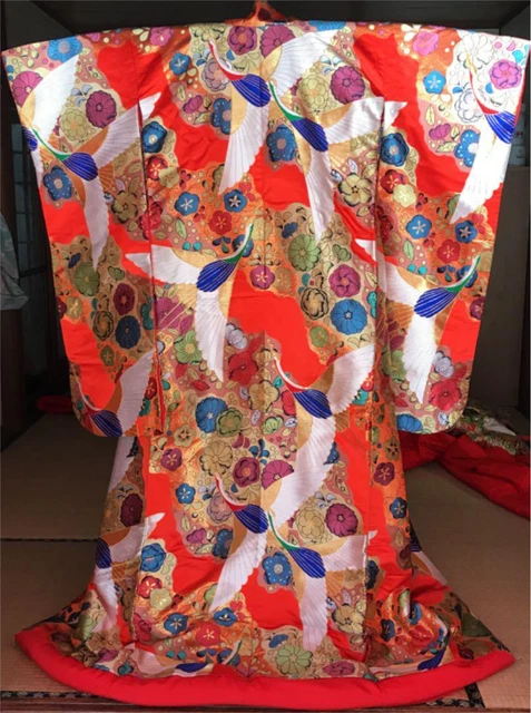 Japanese used Iro uchikake KIMONO Pure Silk bridal dress vermillion crane