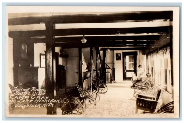 Saugatuck Michigan MI Postcard RPPC Photo Living Room Swift Villa Camp Gray