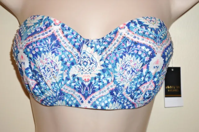 NINETY SIX DEGREES Women's Bikini Swim Bandeau Top in Blue/Pink/White Size L NWT