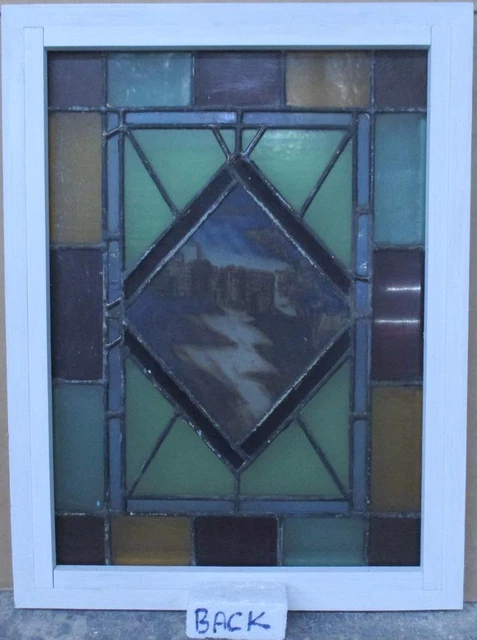 OLD ENGLISH LEADED STAINED GLASS WINDOW Hand Painted Castle 15" x 20" 4