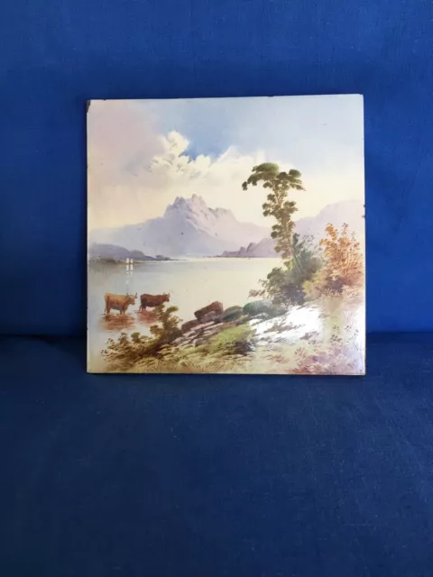 Craven Dunnill Jackfield Tile Rural River Landscape Highland Cattle