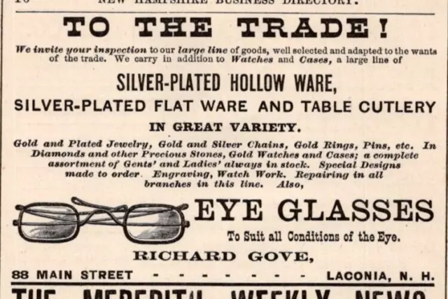 1881 Richard Gove EYEGLASSES Jewelry Rings Cutlery LACONIA NH 2.5" Print Ad