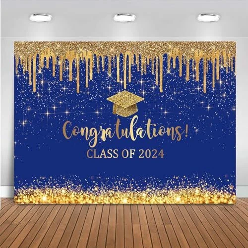 BLUE AND GOLD 2024 Graduation Backdrop Glitter Background Class of 2024