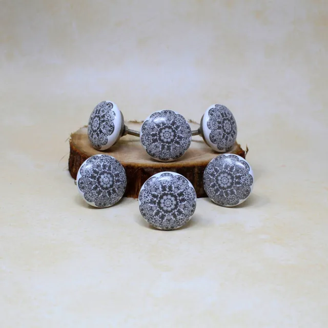 (Pack of 06 Pcs) Grey Flower White Knobs Home Interior Decor Cabinet Door Handle