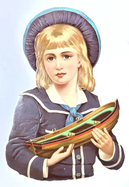 Handsome Boy With Wooden Boat SAILOR OUTFIT Blonde Hair LARGE Victorian Die Cut 3