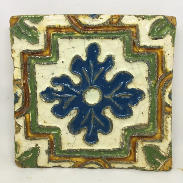 Antique Portuguese Tile Relief Blue Flower Geometric Glaze 17th / 18th Century ?
