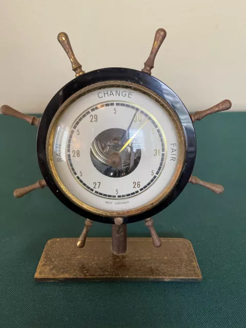 WORKS 5" Ship Wheel Desk Barometer West Germany Brass Gilt Vtg Pressure Nautical