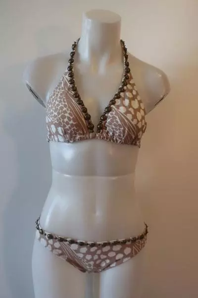 *Womens Vix Tan White Print Design Triangle Bikini Swimsuit Top/D-Cup Bottom/L