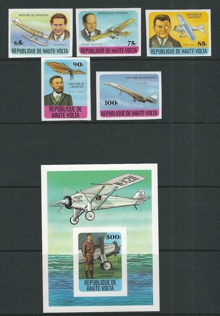 Upper Volta 1977 Luftfahrt Lindbergh Fokker Concorde Imperf Set / Blatt VF MNH