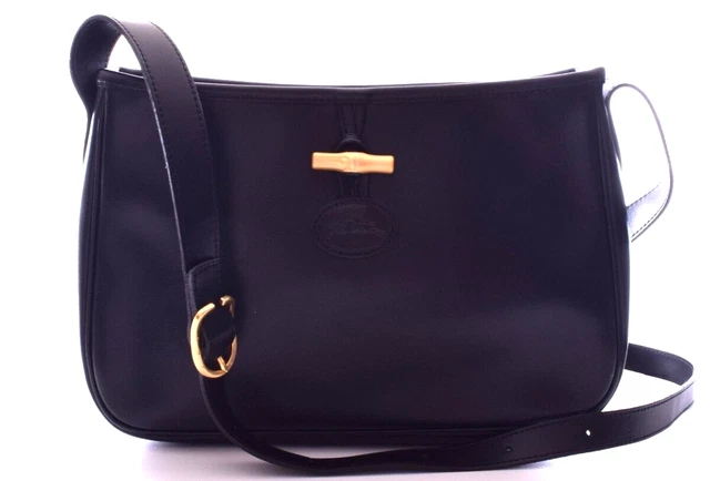 LONGCHAMP Black Leather Zip Top Roseau Crossbody Bag Made in France EUC