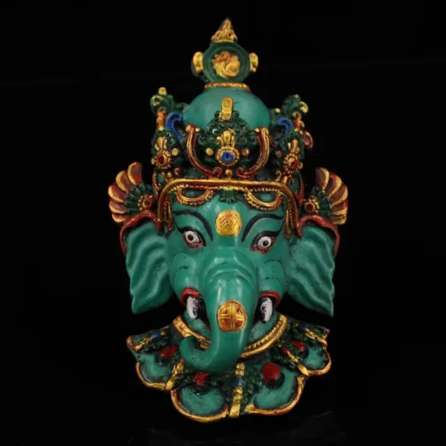 7" China Tibet Handmade Turquoise gilt Elephant Buddha Mammon Mask