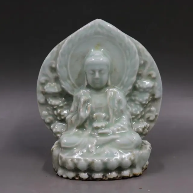 Chinese Song Xianghu Kiln Celadon Porcelain Figurine Buddha Rulai Statue 6.0"