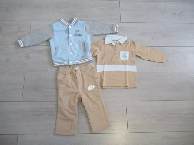 Ensemble 3 pièces : polo + gilet + pantalon polaire beige & bleu taille 18 mois