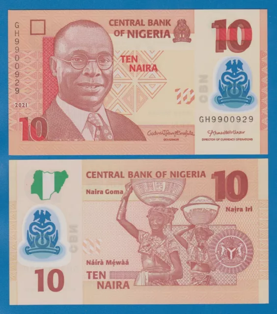 Nigeria 10 Naira P 39L New 2021 UNC Polymer, ( P 39 L )