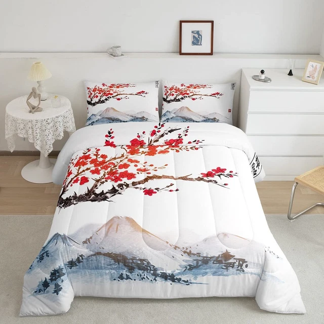 Cherry Blossoms Comforter Set Full Size for Girls Women Japanese Red Floral D...