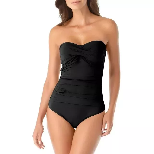 Anne Cole Twist Front Shirred Bandeau One Piece Size M Black