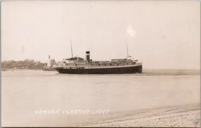 PORT HURON Michigan Ship RPPC Real Photo Postcard STEAMER HAMONIC Gratiot Light