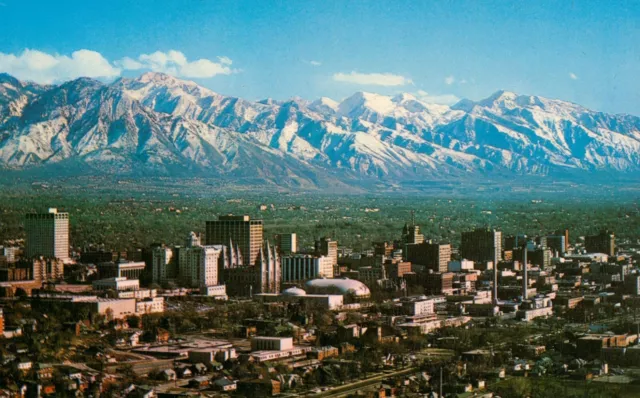 Aerial View of Salt Lake City, UT Skyline w/Mountains - Vintage Postcard