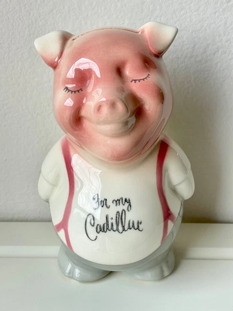 Royal Copley Pig Piggy Bank "For My Cadillac" Vintage 1940-1950 Spaulding 7.75"