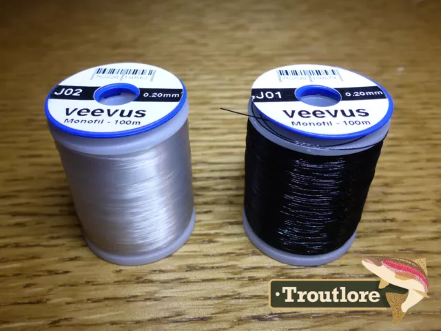 2 x SPOOLS VEEVUS MONO THREAD .2mm BLACK & CLEAR WHITE - NEW FLY TYING MATERIALS